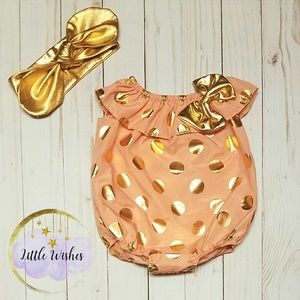 Baby girl fashion romper with bow/Gold Polka dots